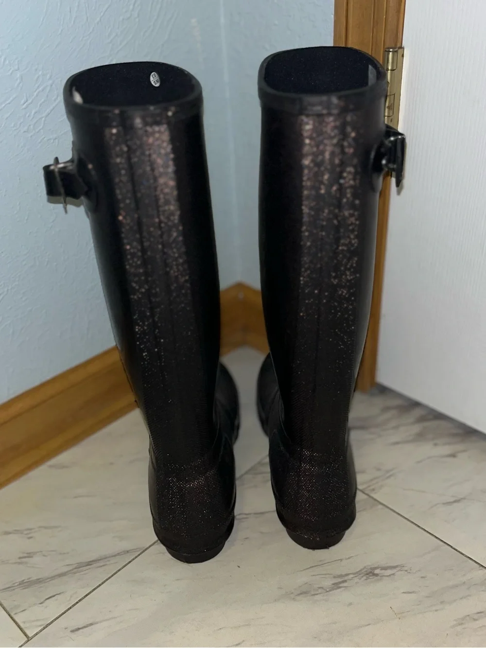 Hunter Original Starcloud Tall Rain Boots Size 7 Black/Dark Purple Glitter